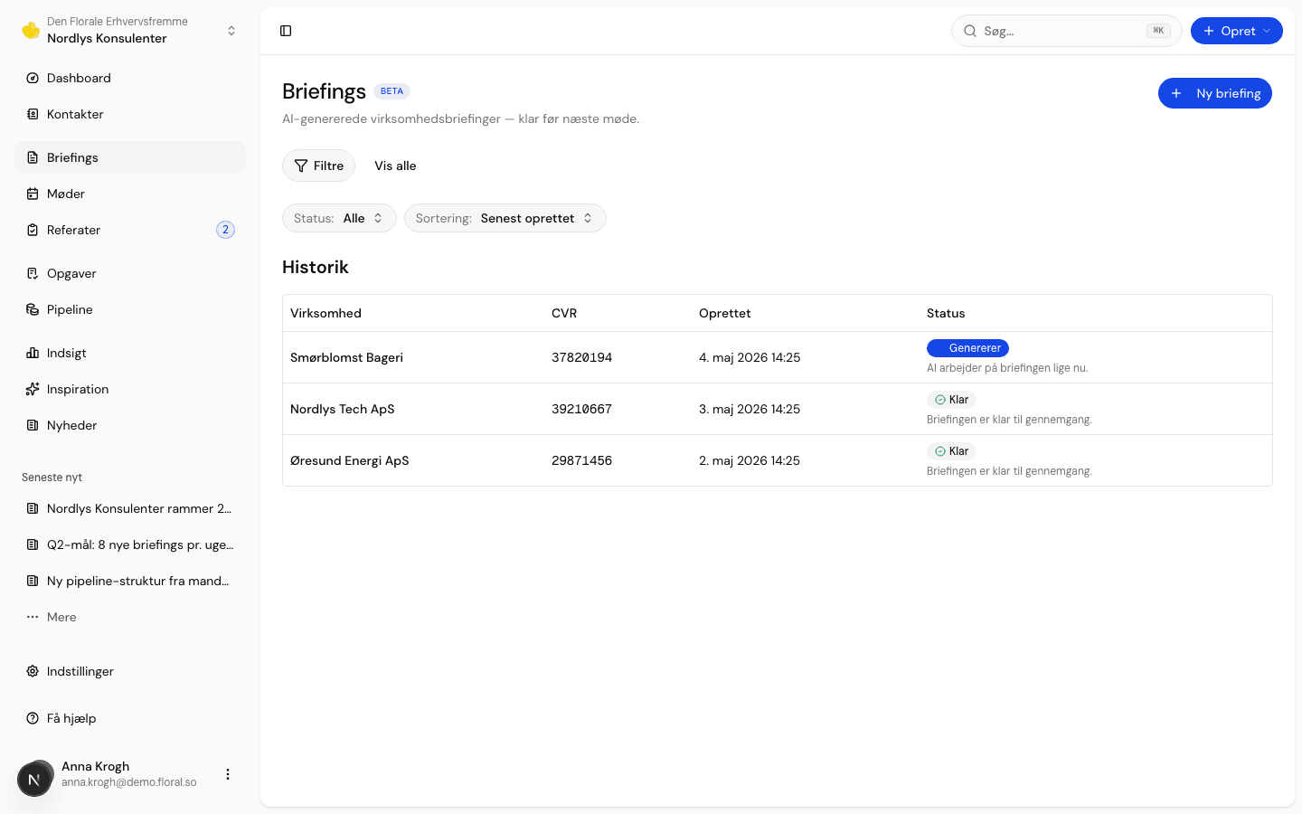 Floral briefings list view