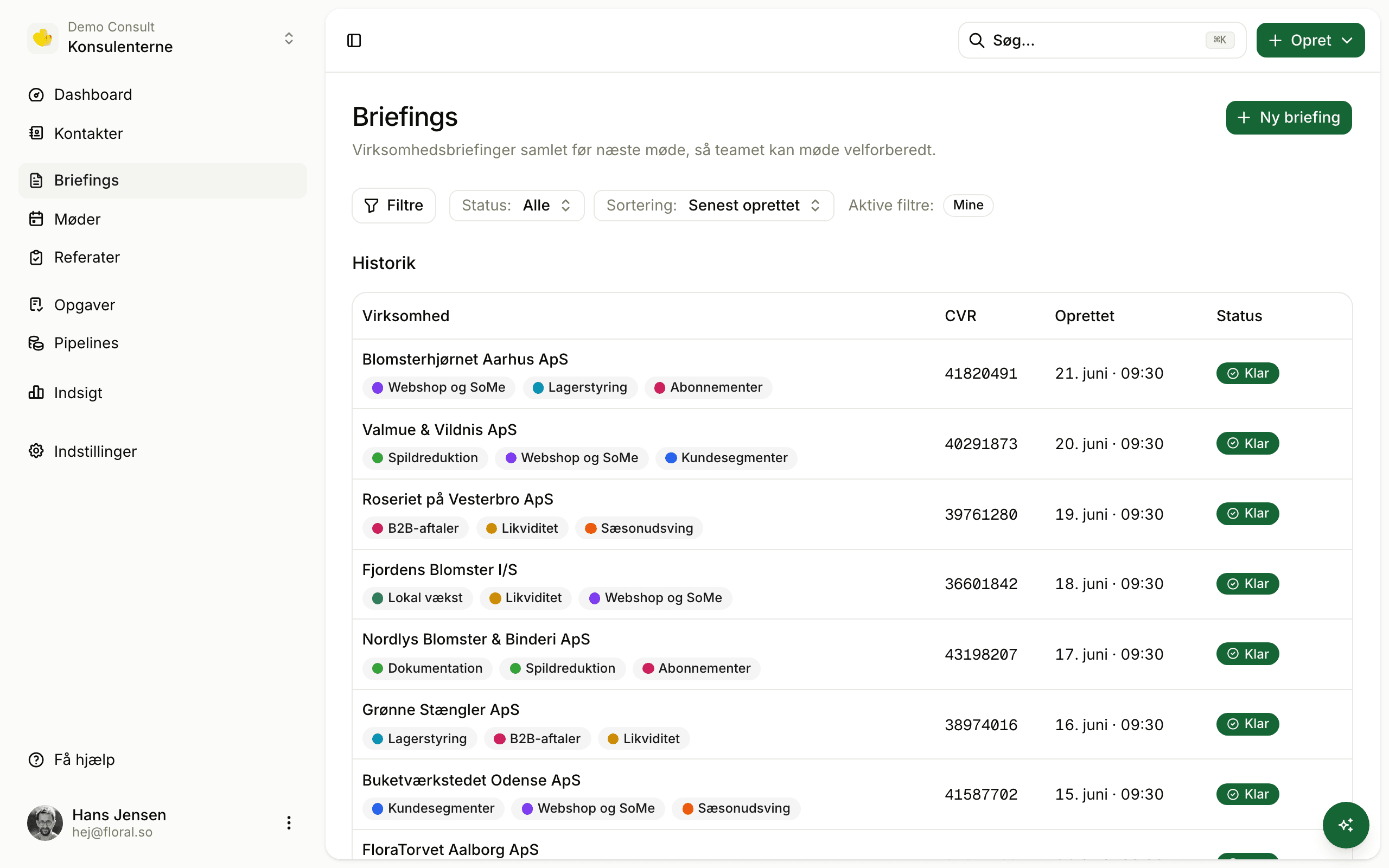 Floral briefings list view