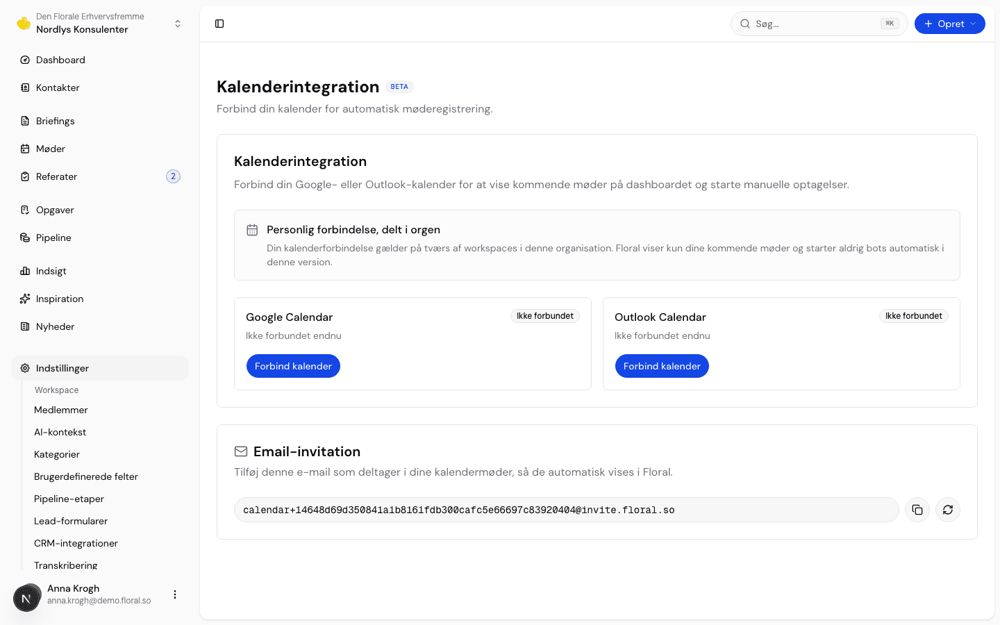 Floral kalenderintegrations-indstillinger