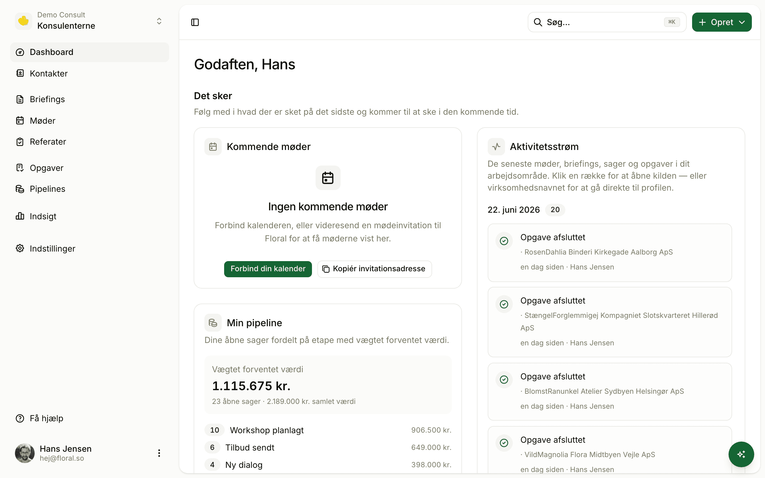 Floral workspace dashboard activity stream