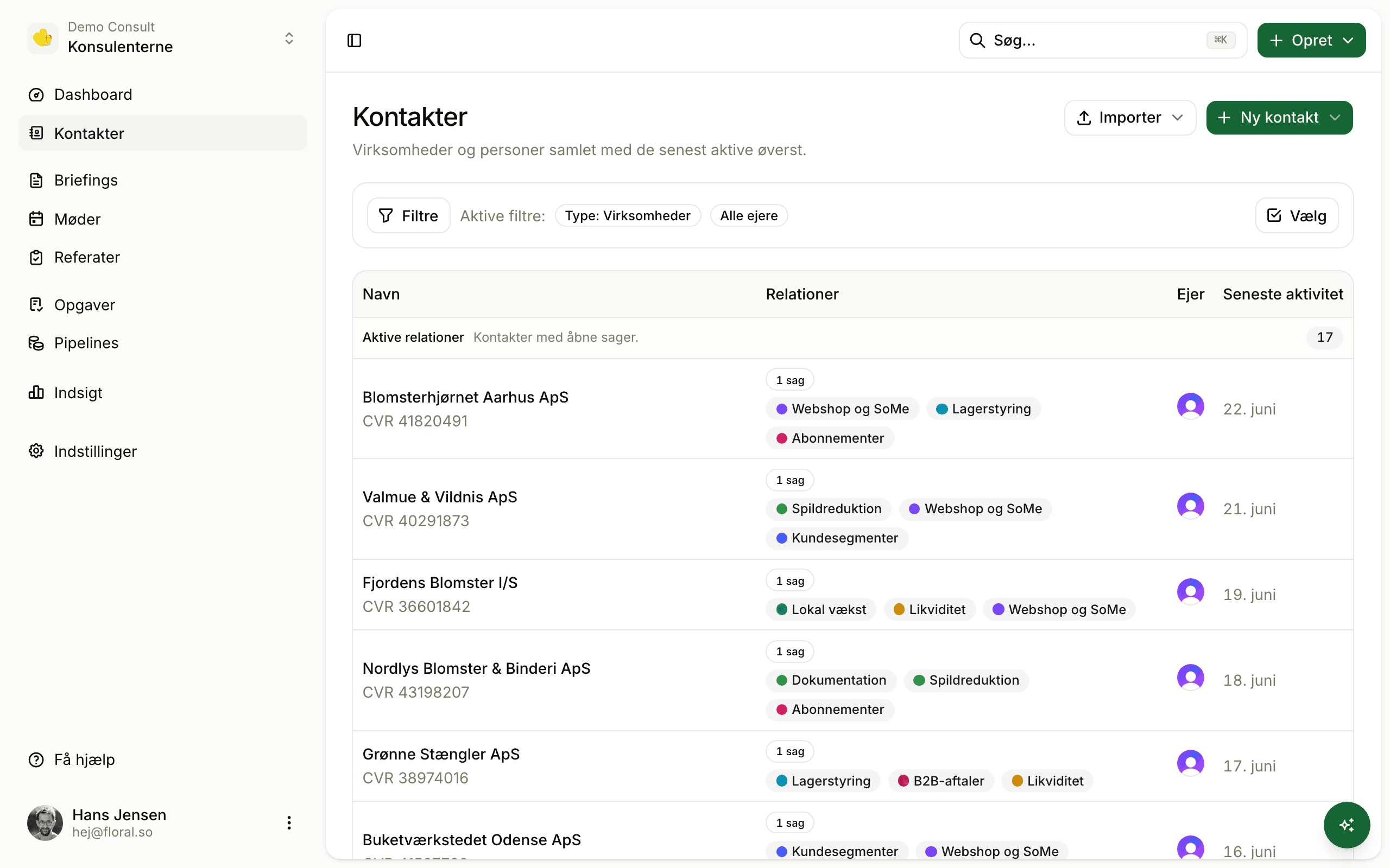 Floral contacts hub combining companies and people