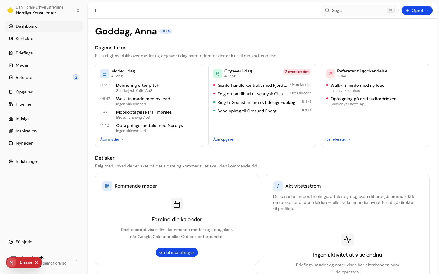 Floral CRM dashboard with unified activity stream