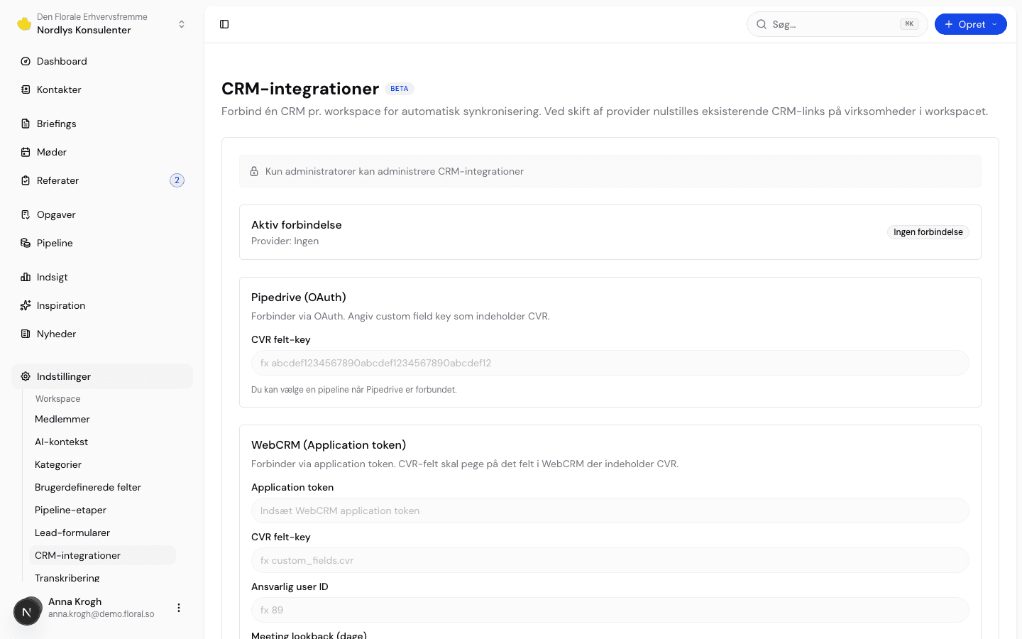 Floral CRM integrations settings