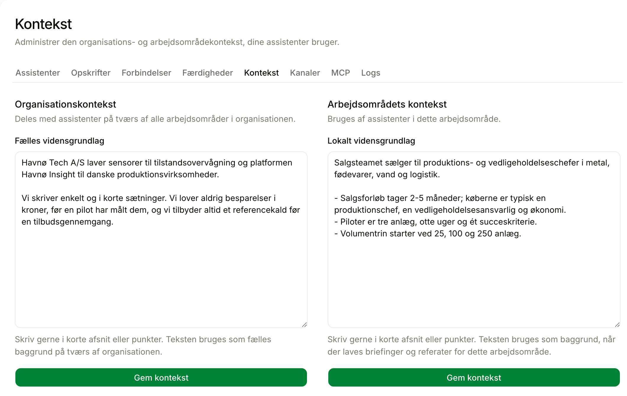 Indstillinger for workspace AI-kontekst i Floral