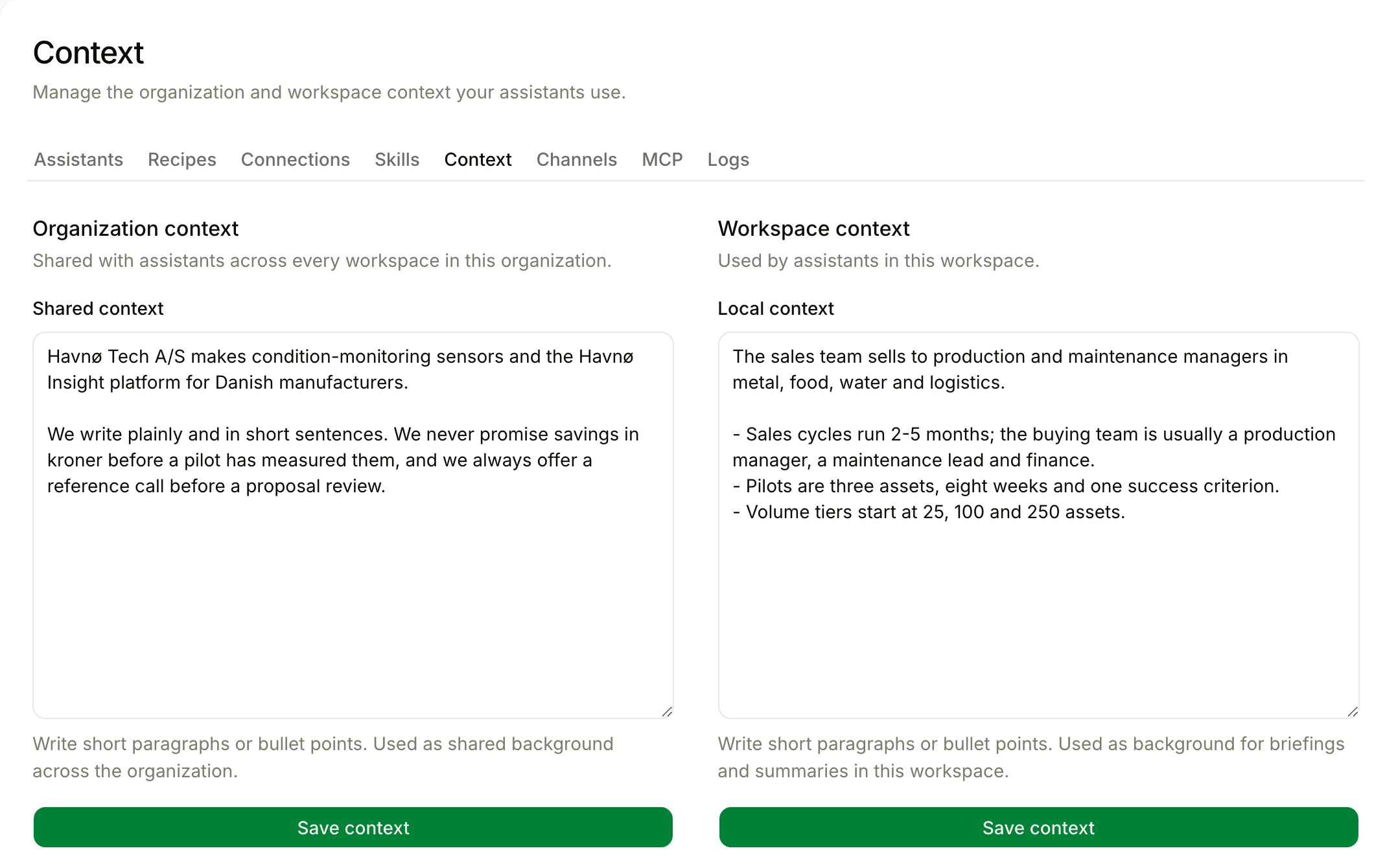 Floral workspace AI context settings