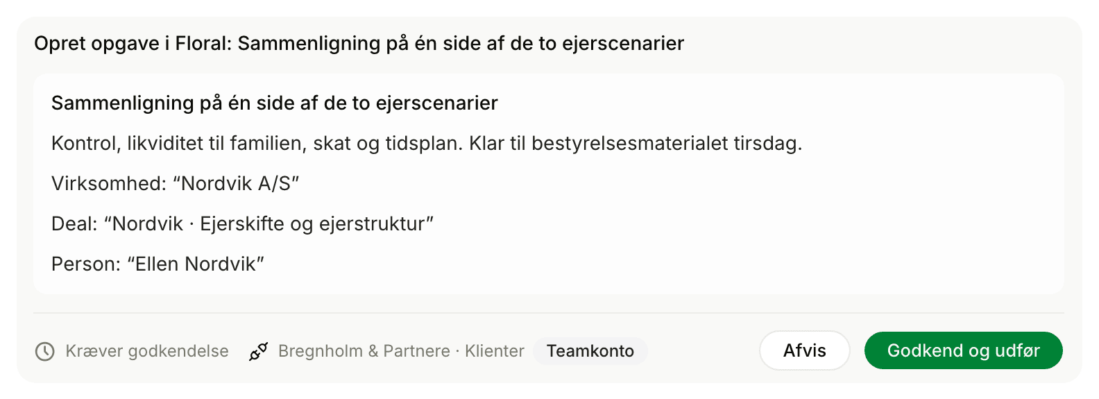 Flora foreslår næste opgave efter et klientmøde, og den venter på godkendelse