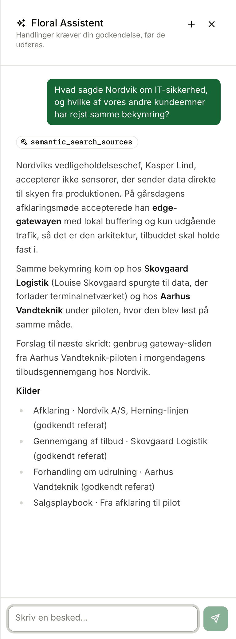 Assistenten svarer på et spørgsmål med de kilder, den har brugt