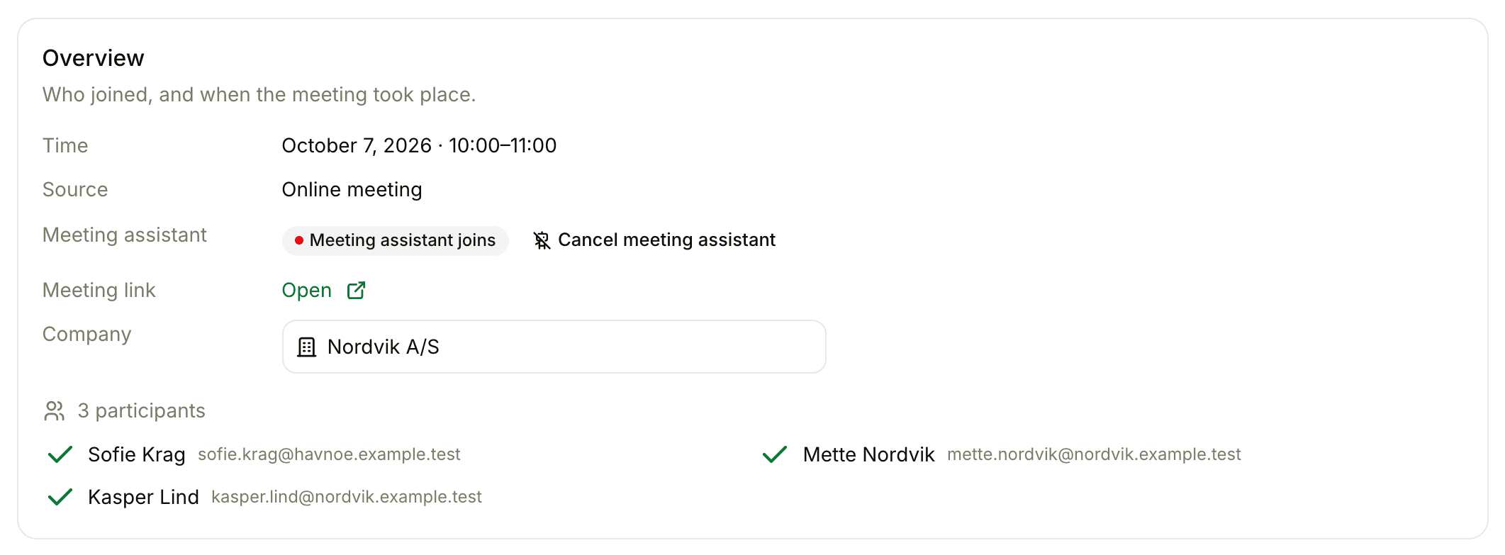 Floral meeting detail showing the meeting bot recording