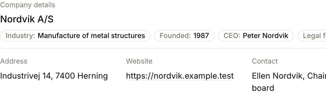 Company details from the registry: industry, founded, CEO, legal form, address