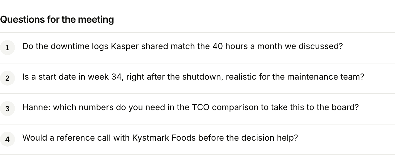 Questions for the meeting