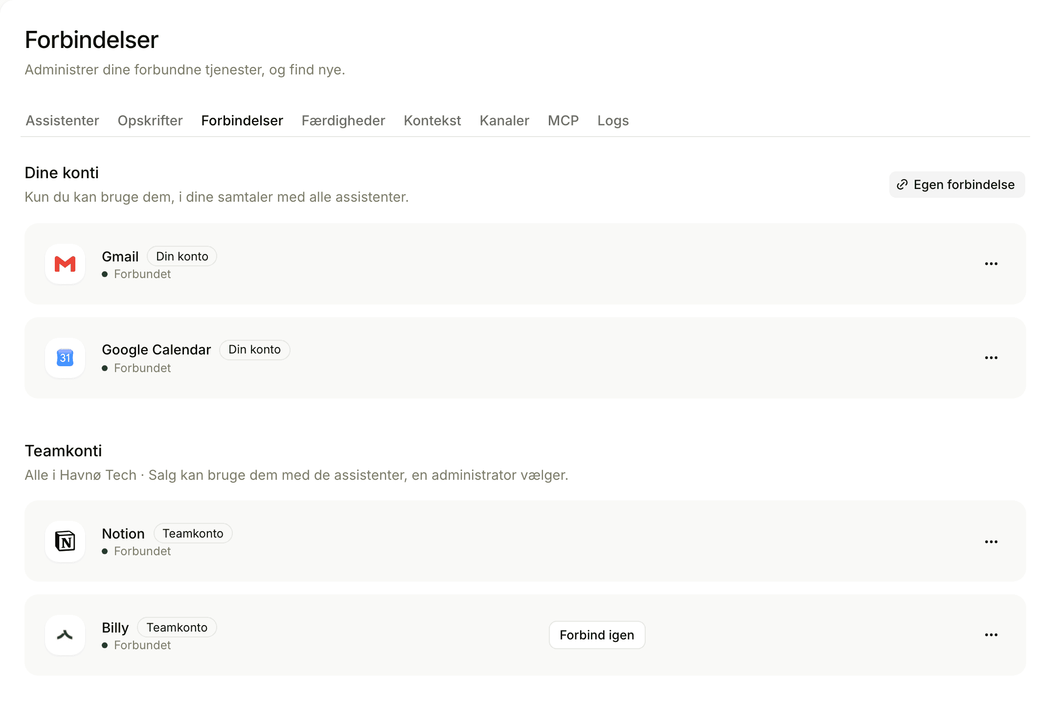 Forbundne værktøjer i indstillingerne: Gmail, Google Kalender, Notion og Billy