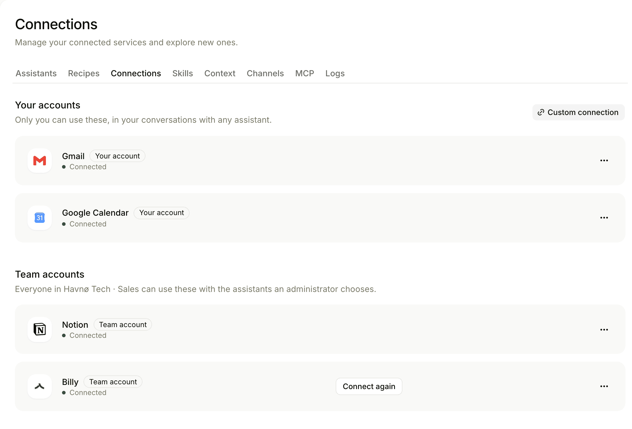 Connected tools in settings: Gmail, Google Calendar, Notion and Billy