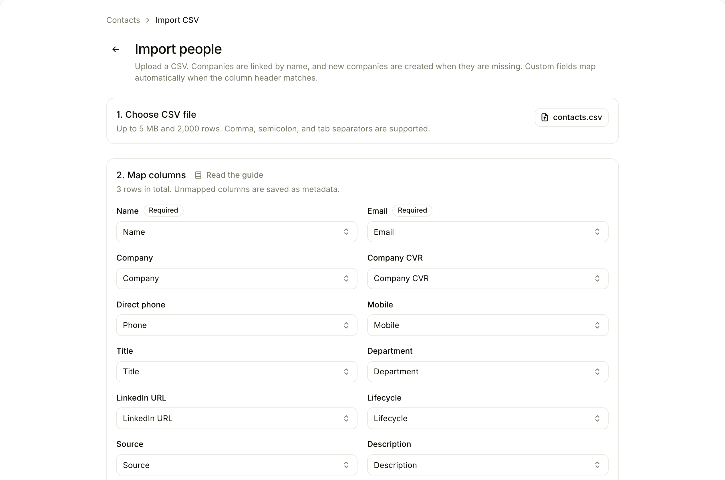 Column mapping after uploading a CSV file