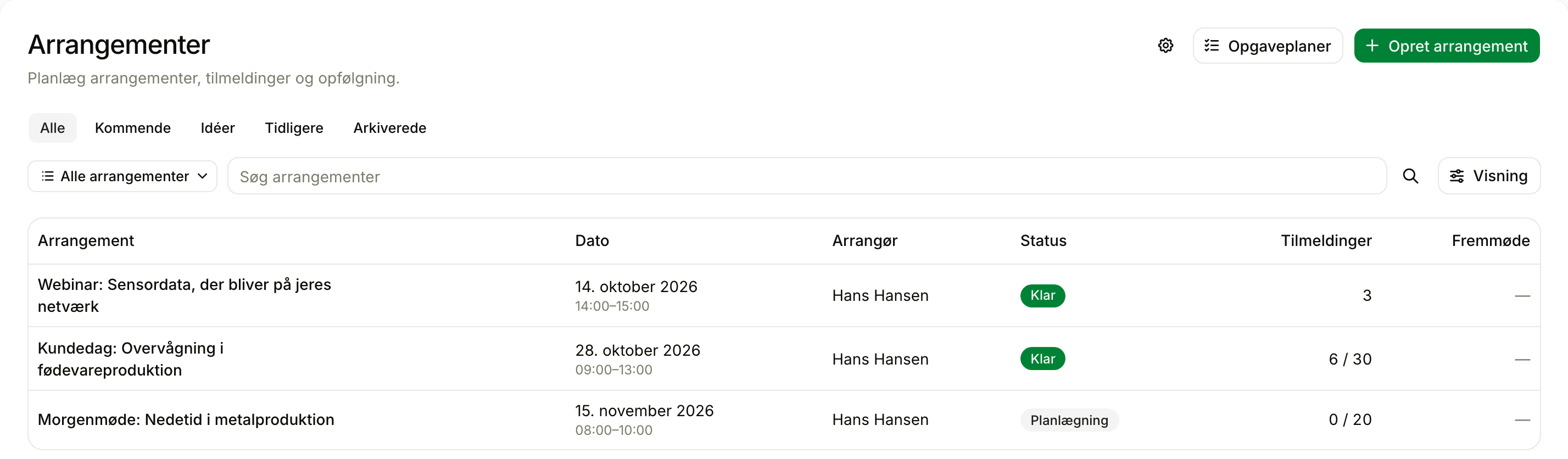 Listen over arrangementer med dato, arrangør, status og tilmeldinger