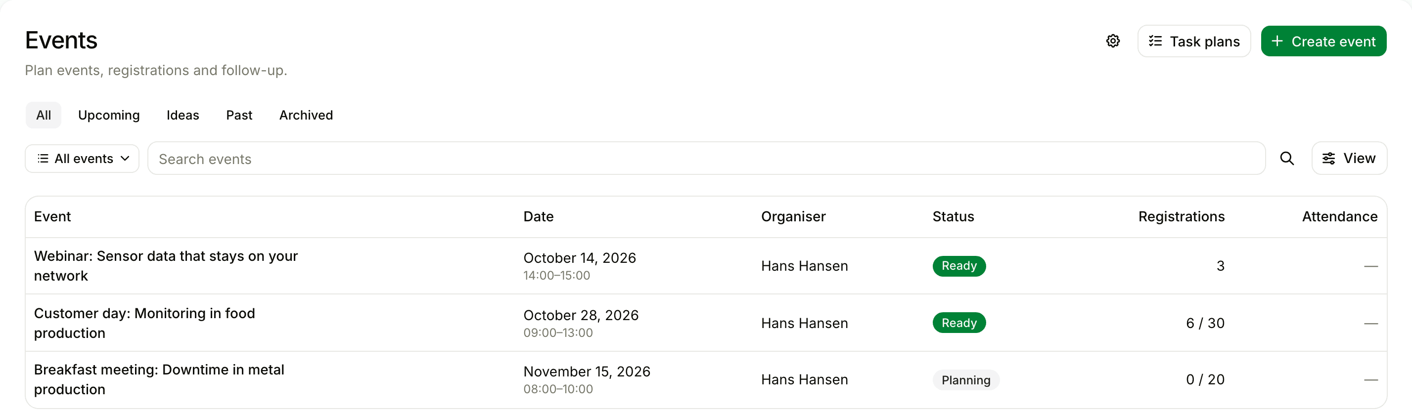 The events list with date, organiser, status and registrations