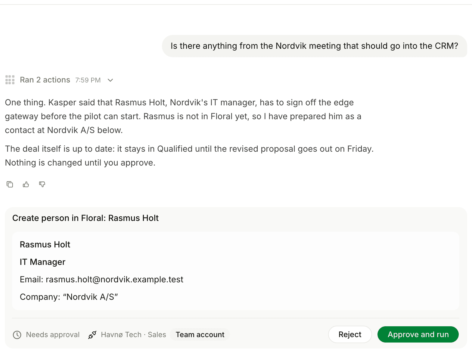 Flora proposes adding a new contact from the meeting, waiting for approval