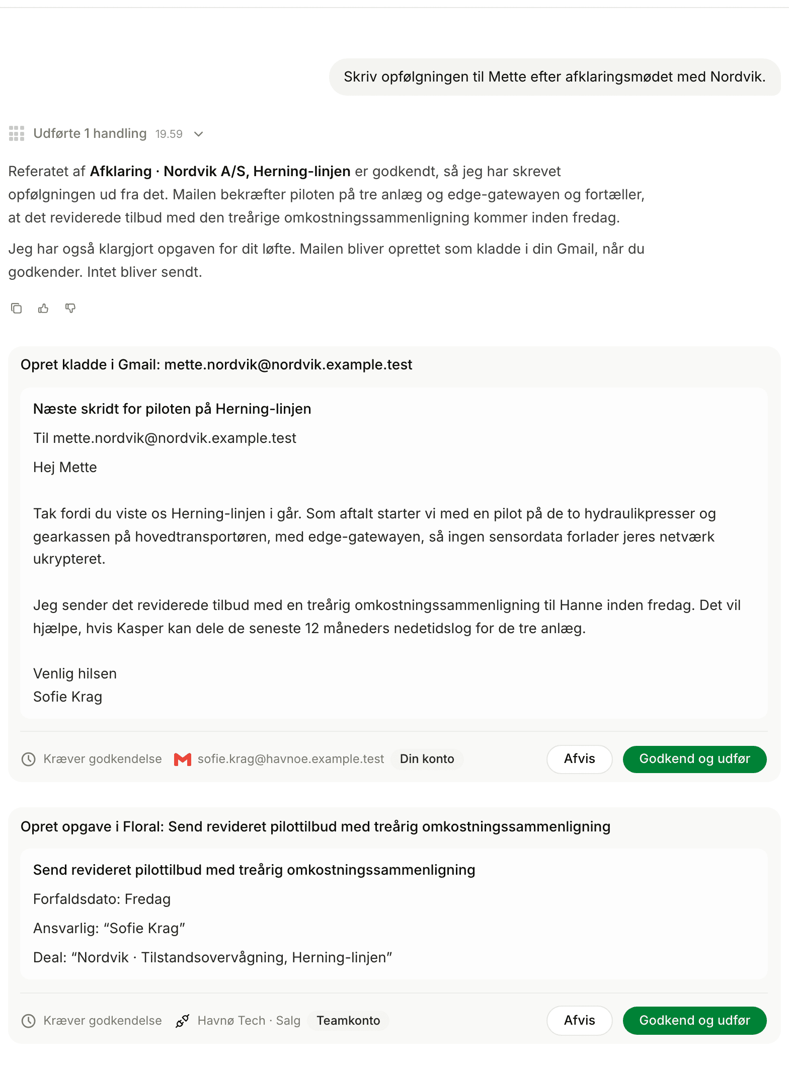 Flora skriver opfølgningen som kladde i Gmail og foreslår en opgave, begge venter på godkendelse