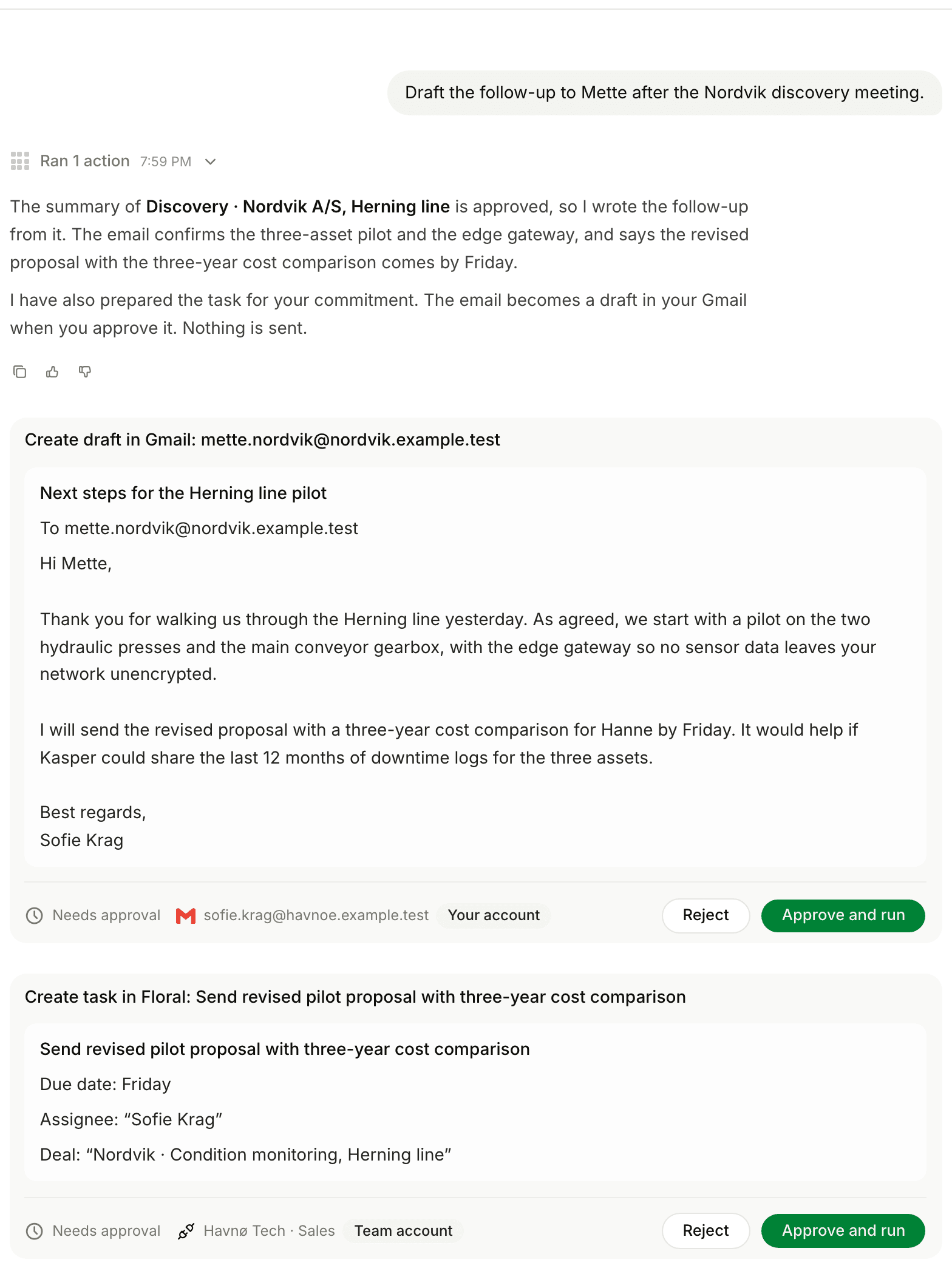 Flora’s follow-up drafted in Gmail and a proposed task, both waiting for approval