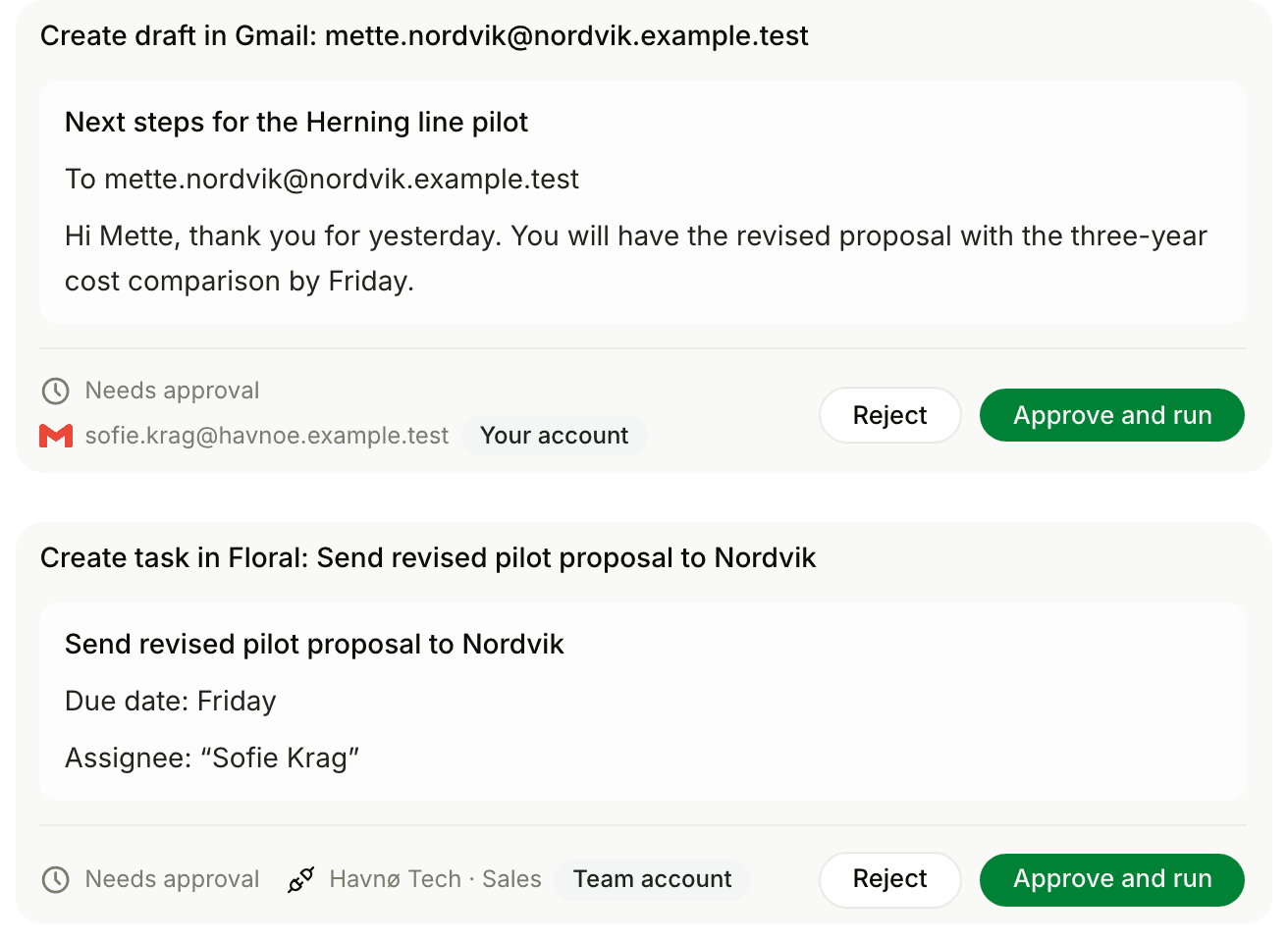 A follow-up draft and a task, both waiting for approval