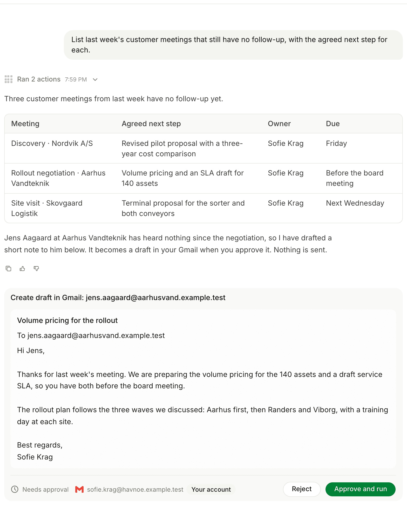 The Monday customer follow-up routine lists meetings without a follow-up and proposes a draft
