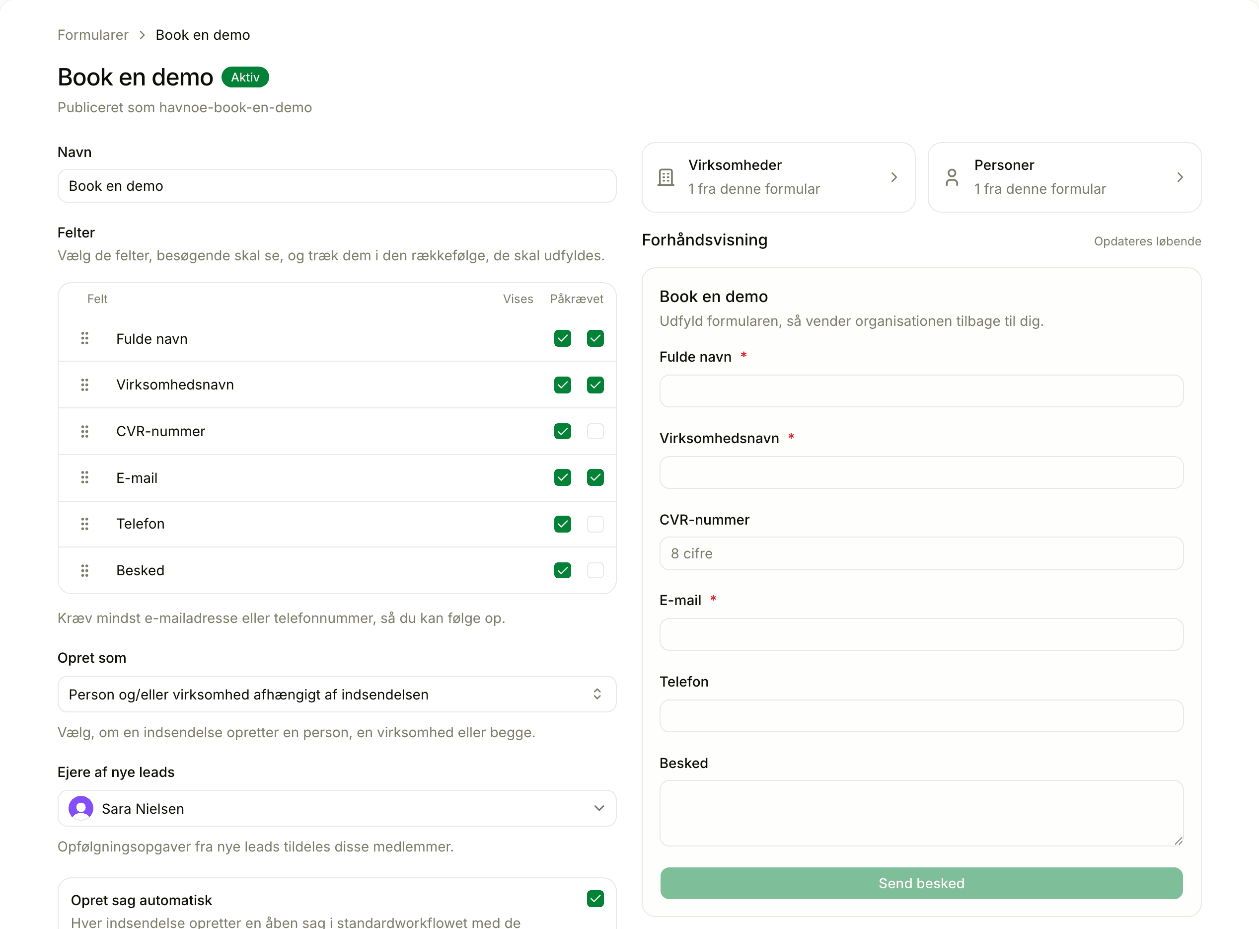 Indstillinger for en lead-formular i Floral