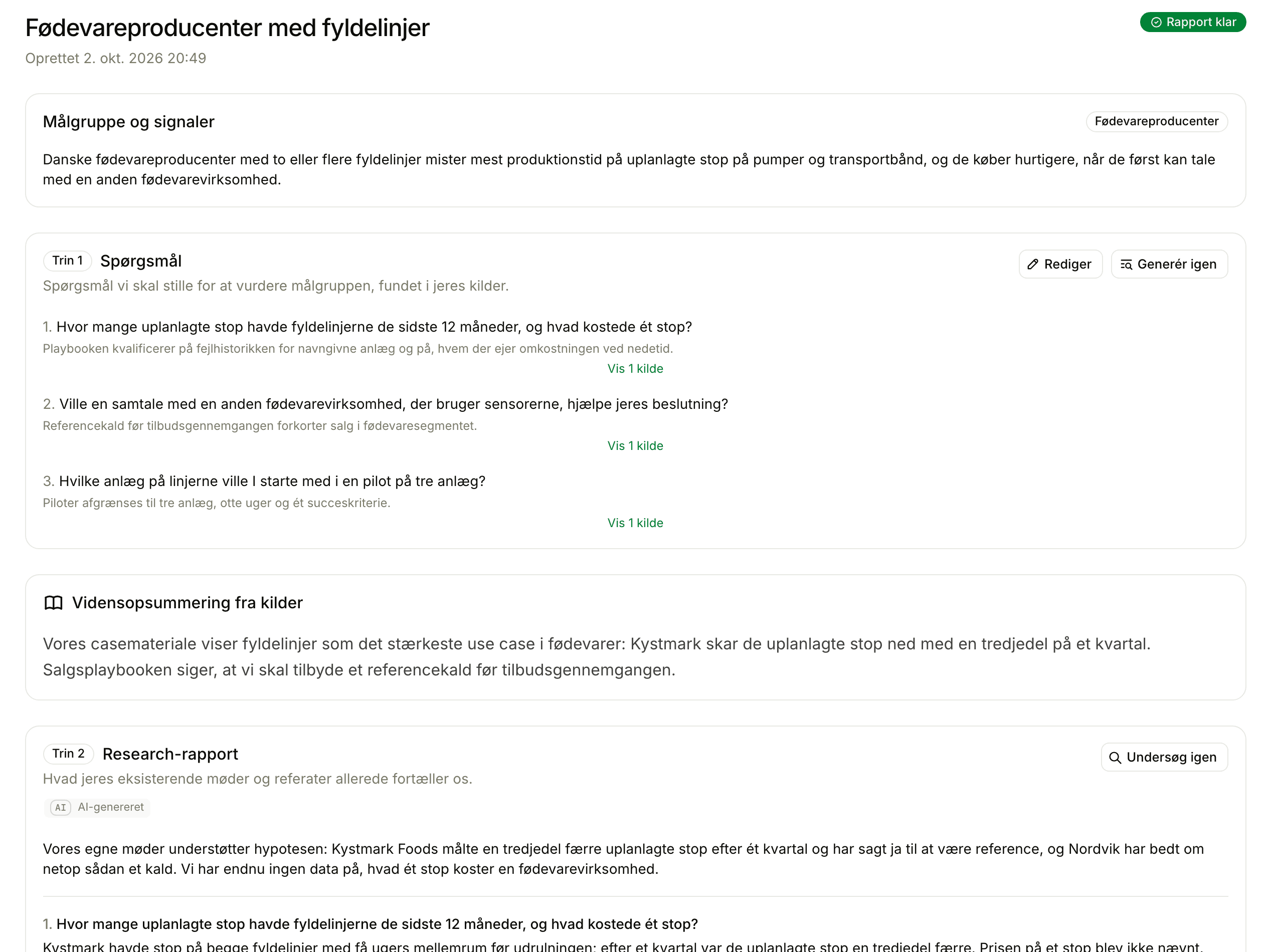 Lead Scan med en hypotese, spørgsmål med kilder og starten på rapporten