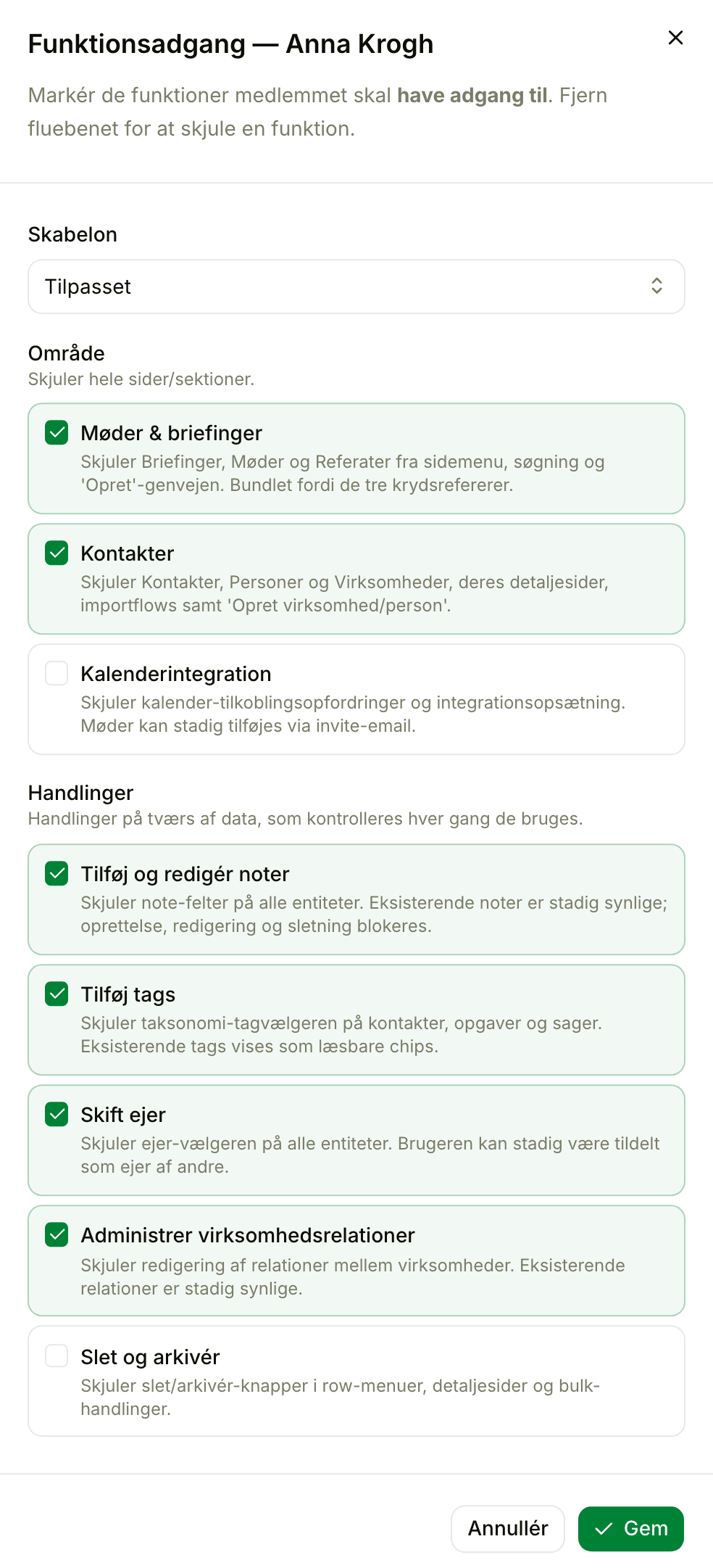 Indstillinger for medlemmer og funktionsadgang i Floral