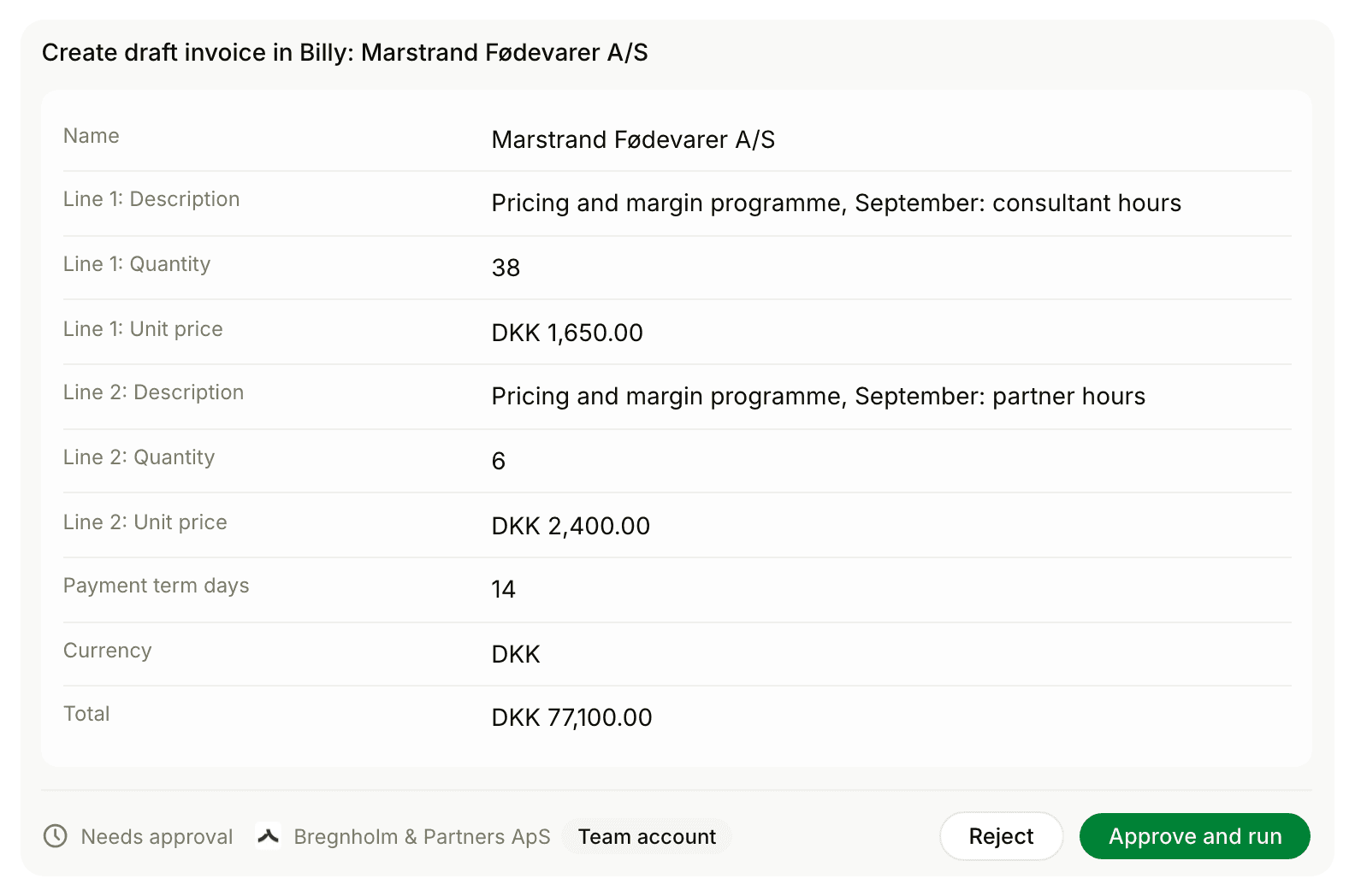 Penny's draft invoice for consultant and partner hours in Billy, waiting for approval