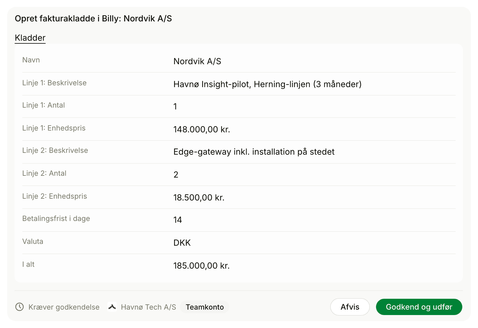 En fakturakladde i Billy venter på godkendelse