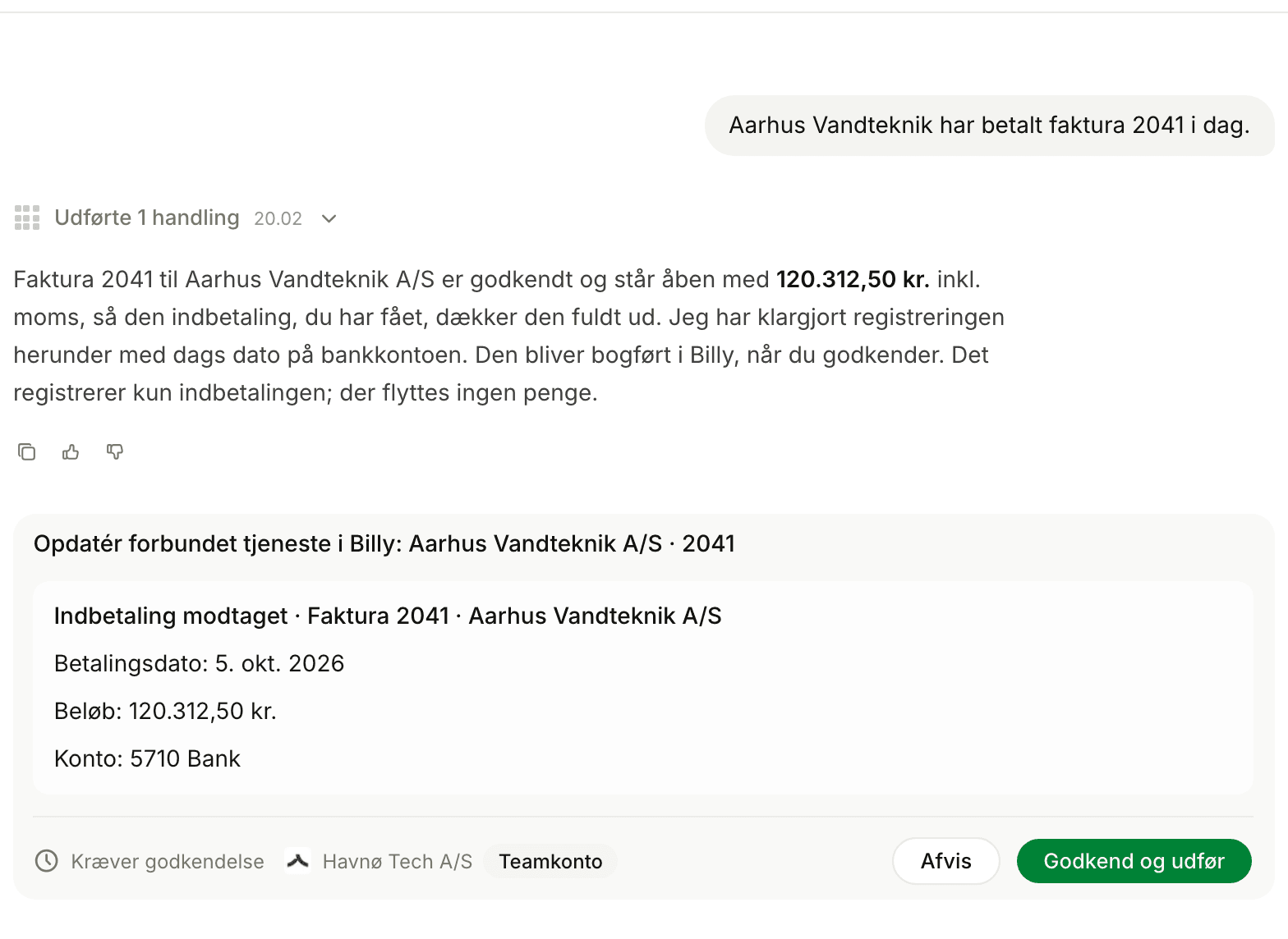 Penny foreslår at registrere en betaling på faktura 2041, som venter på godkendelse