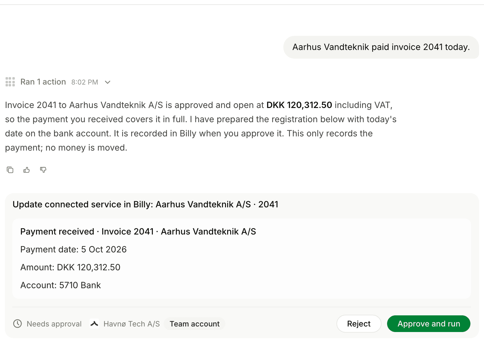 Penny proposes registering a payment on invoice 2041, waiting for approval