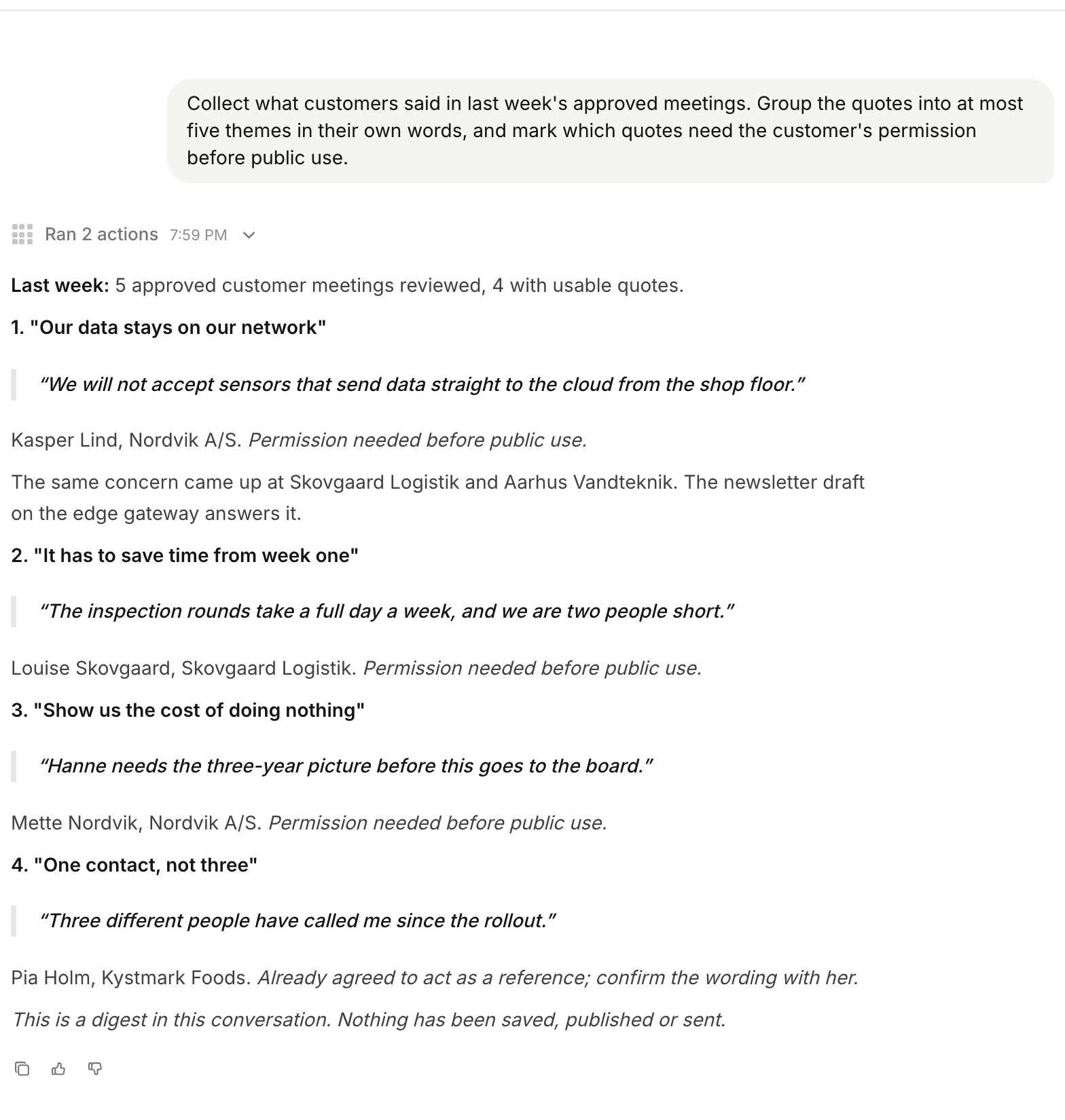 Poppy groups customer quotes into themes and marks which need permission