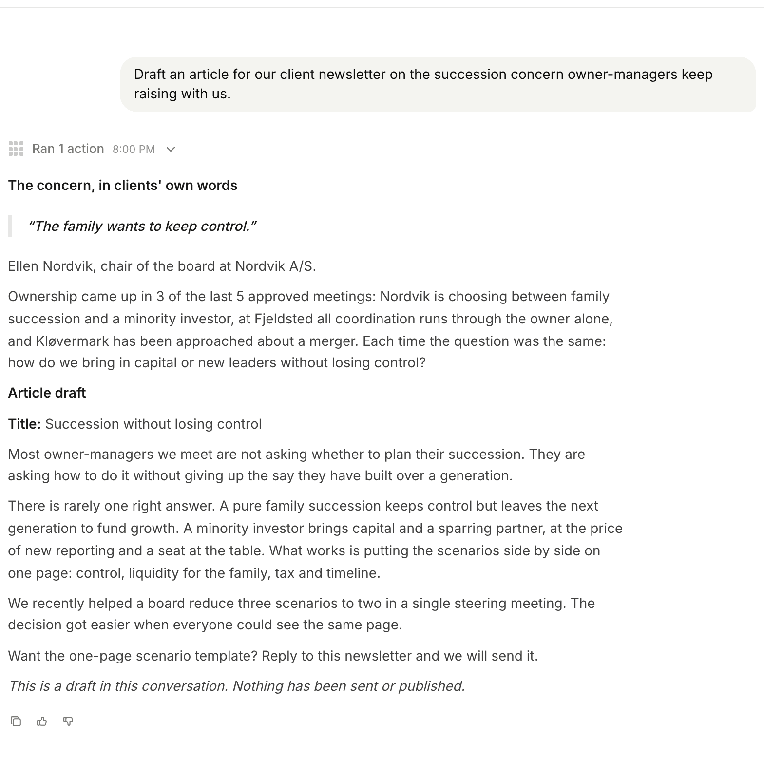 Poppy drafts an article on a recurring client concern, with nothing sent