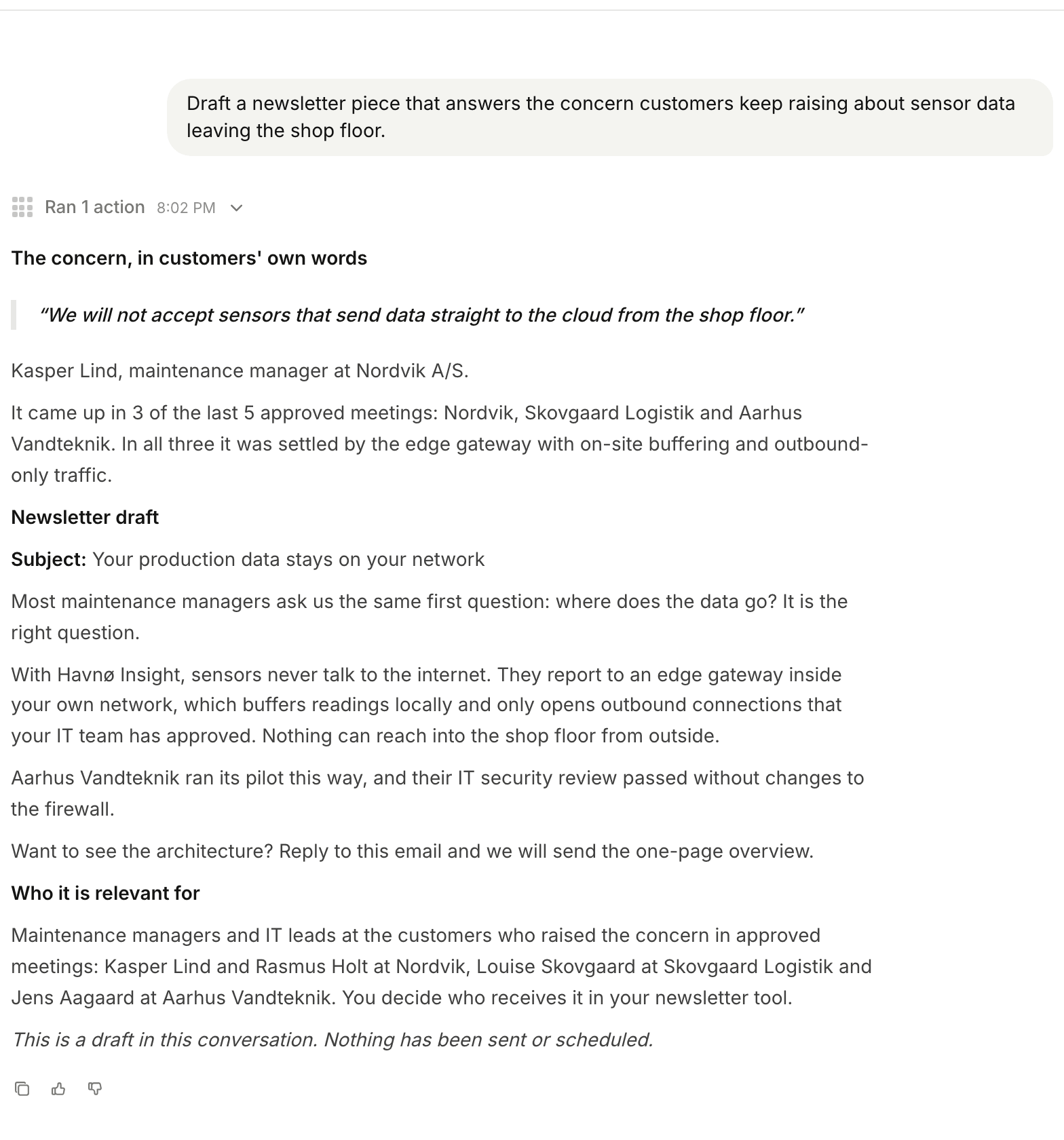 Poppy quotes the customer concern and drafts a newsletter that answers it