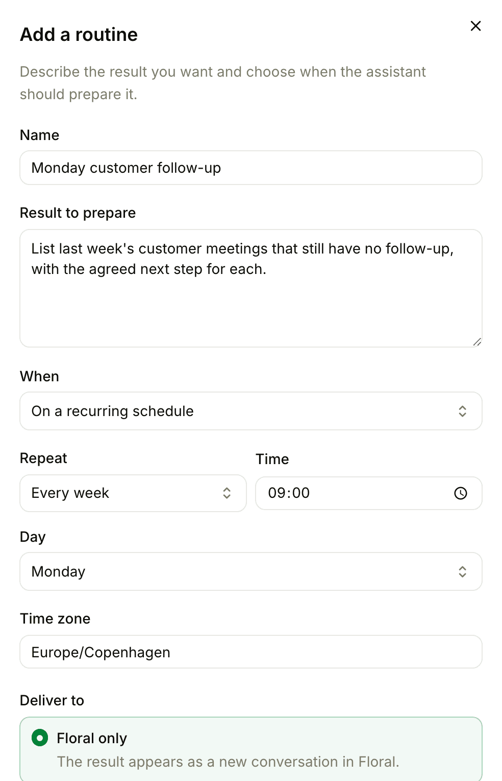 The Add a routine form: a name, the result to prepare, and a weekly time