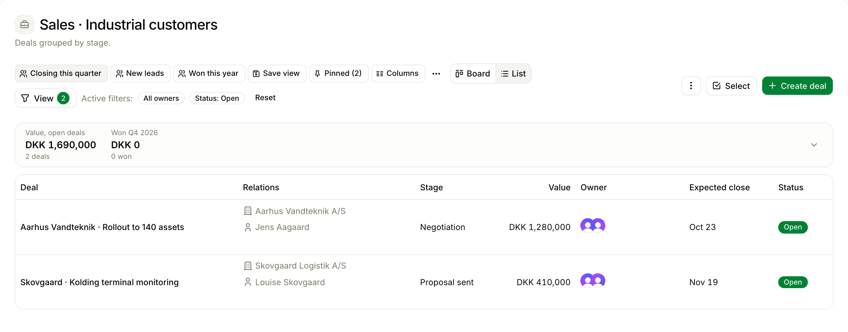 Saved views above a deal list, with one view applied
