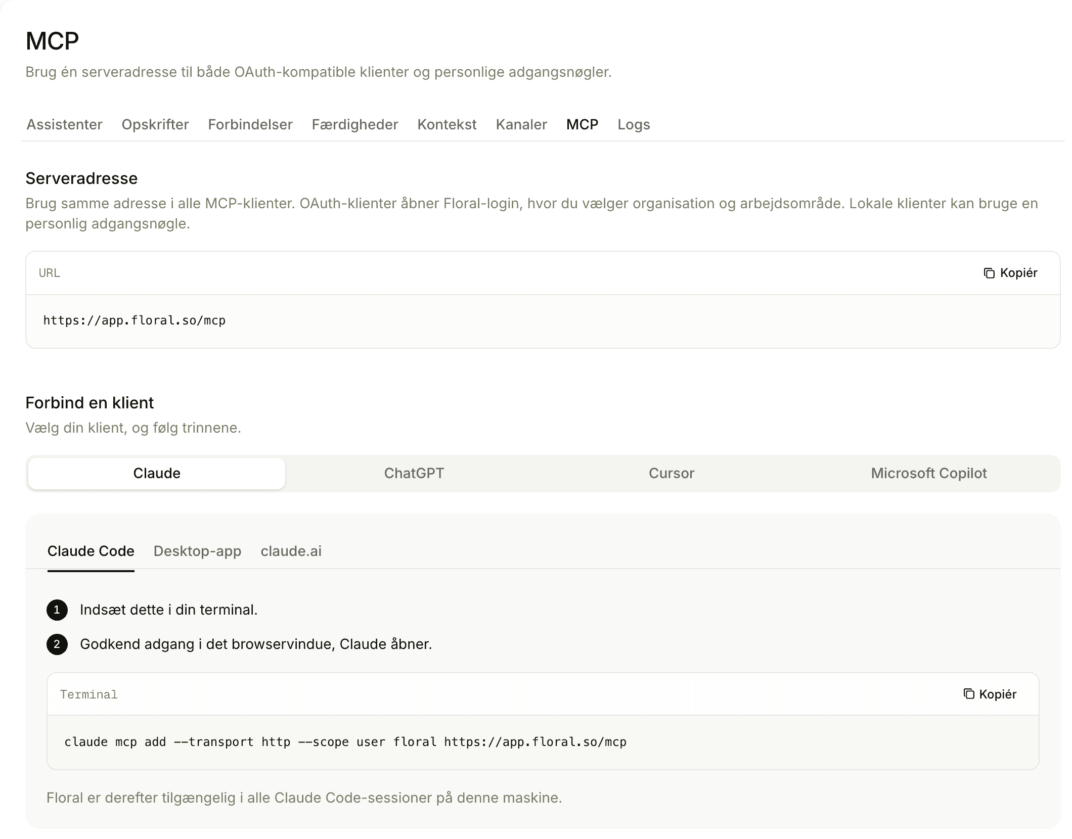MCP-indstillingerne: serveradressen og hvordan I forbinder Claude, ChatGPT, Cursor og Copilot