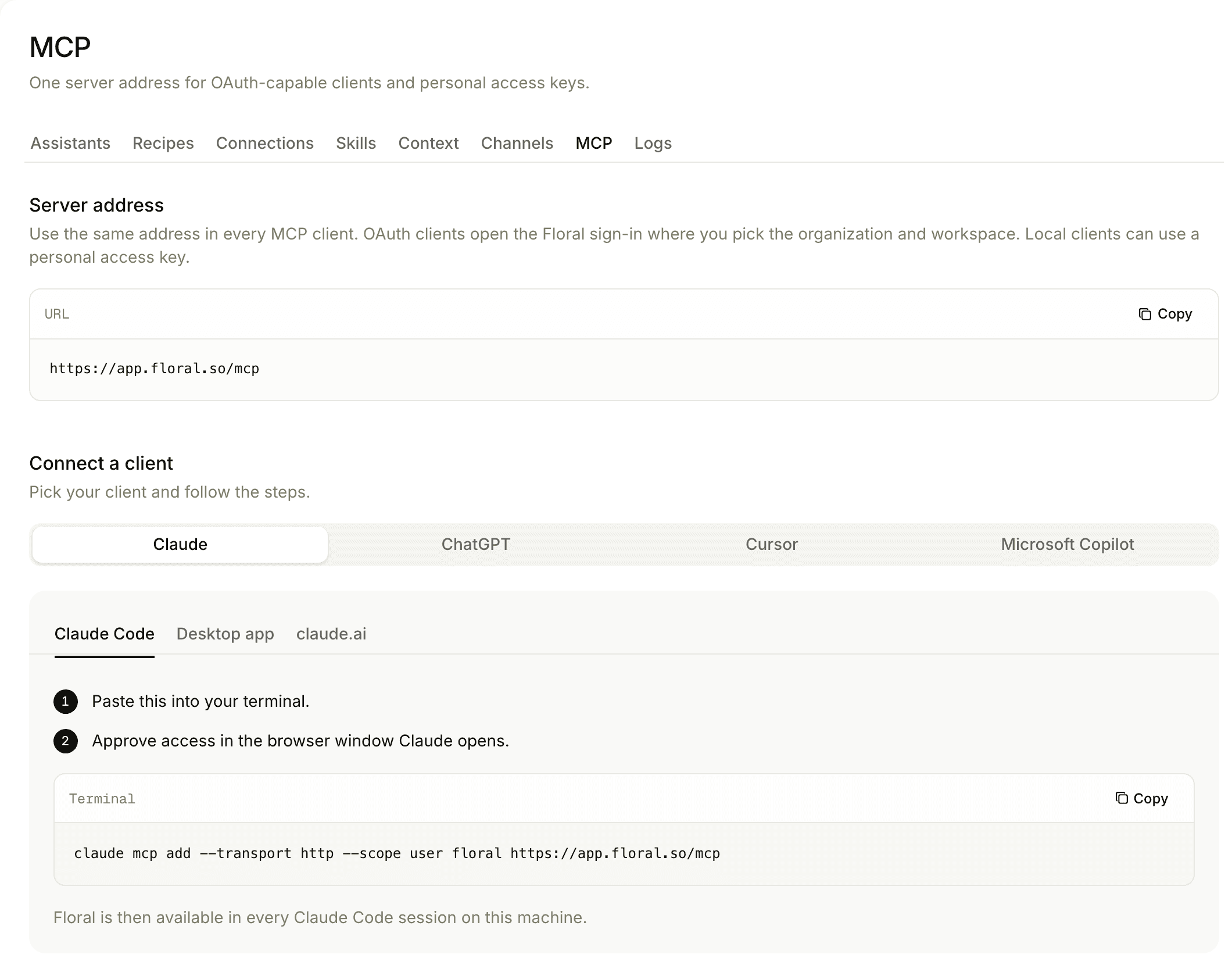 The MCP settings: the server address and how to connect Claude, ChatGPT, Cursor and Copilot