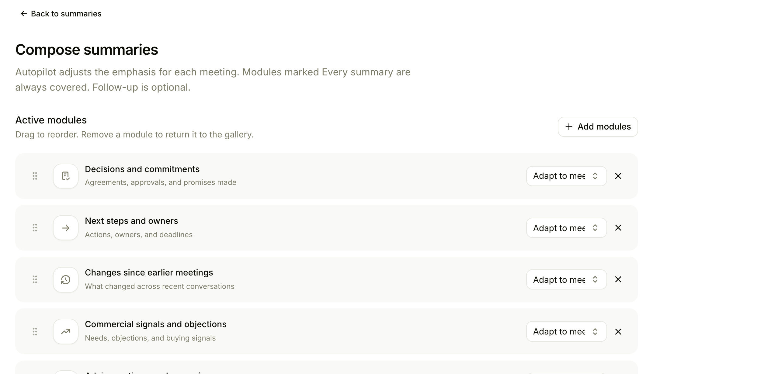Summary settings with the modules Floral writes