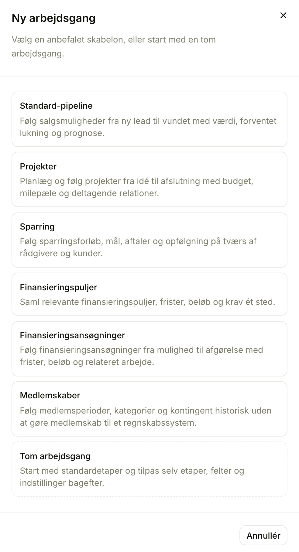 Skabelonerne, I kan starte et nyt workflow fra